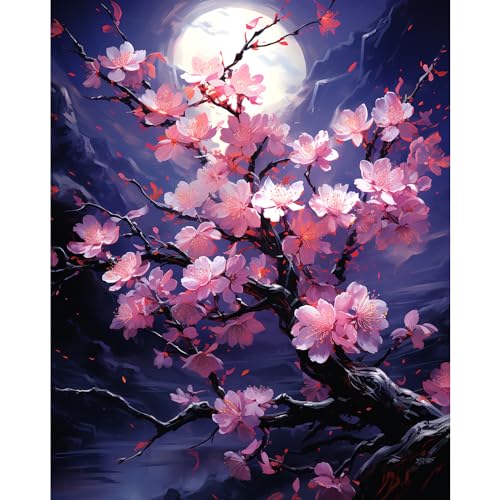Rousp 5D Diamond Art Painting Kits for Adults Plum Blossoms Under The Moon Night Full Circle DIY Diamond Art Kit Beginners Gem Art Craft Kits for Home Wall Decor Gift 16x20inch - Pink Flowers 1