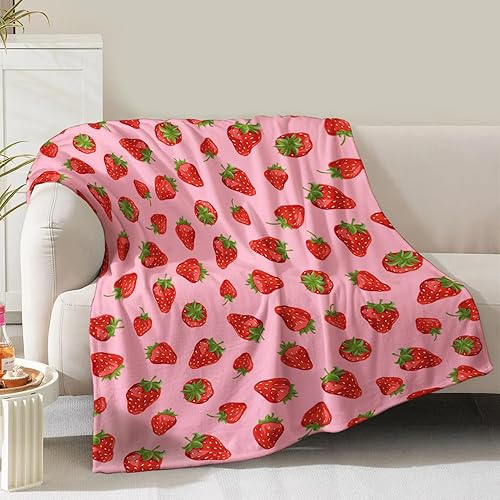 Strawberry Blanket Gifts for Women Girls Mom Kids Adults Teen Birthday Christmas Valentine Present Pink Strawberry Fruit Theme Decor Bedroom Living Room Sofa Couch Soft Cozy Plush Fleece Throw 60"x50" - Pink Strawberry