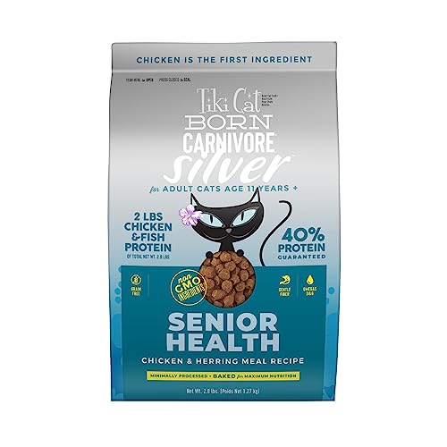 Tiki Cat Born Carnivore Silver, Senior Health, Chicken and Herring Meal Recipe, Immune Support with Baked Kibble to Maximize Nutrients, Adult Dry Cat Food for Cats 11+, 2.8 lbs. Bag - 2.8 Pound (Pack of 1)