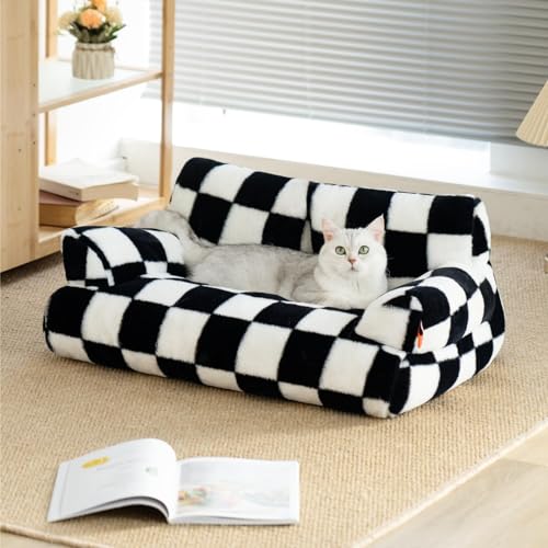 MEWOOFUN Pet Couch Bed, Washable Cat Beds for Medium Small Dogs & Cats up to 25 lbs, Dog Beds with Non-Slip Bottom, Fluffy Cat Couch, 26×19×13 Inch (Black&White) - Black&White