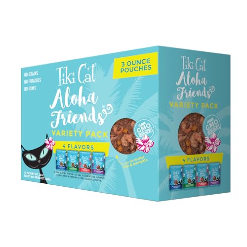 Tiki Cat Aloha Friends Variety Pack, Seafood Flavors with Pumpkin, Wet, High-Protein & High-Moisture Cat Food, For All Life Stages, 3 oz. Pouch (Case of 12) - Variety Pack