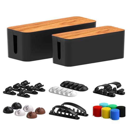 Cable Management Box 2 Pack with 16 Cable Clips Set-Large & Medium & Small Wooden Style Cable Organizer Box to Hide Wires&Power Strips | Cord Organizer Box | Cable Organizer for Home & Office [Black] - Black