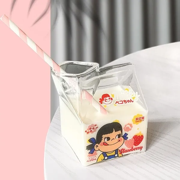 Kawaii Square Glass Milk Carton Glass Cup Cute Strawberry Creative Breakfast For Home Portable Transparent Milk Mugs