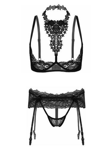 CHICTRY Women's Sexy Lace 1/4 Cups Bare Exposed Breast Halter Bra and Panty Hollow Out Lingerie Set