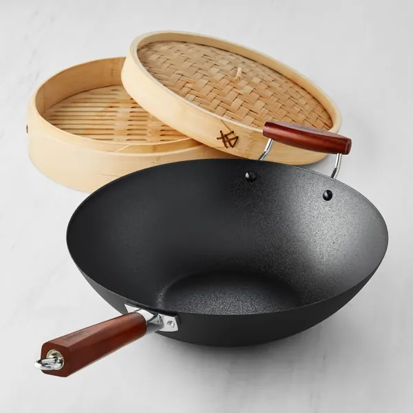 Carbon Steel Wok and Bamboo Steamer Set