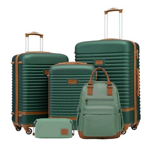 COOLIFE Suitcase Trolley Carry On Hand Cabin Luggage Hard Shell Travel Bag Lightweight with TSA Lock,The Suitcase Included 1pcs Travel Backpack and 1pcs Toiletry Bag (Green/Brown, 5 Piece Set) - 5 Piece Set - Green/Brown