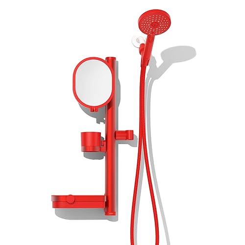 Sproos Lookin Good Handheld Shower System, High Pressure with Slidebar Organizer for Mirror, Multi-Purpose Cup, Shelf and Hook, 3 Spray Functions, Extra Longh 70in Hose, 4 Colors (Red) - Red