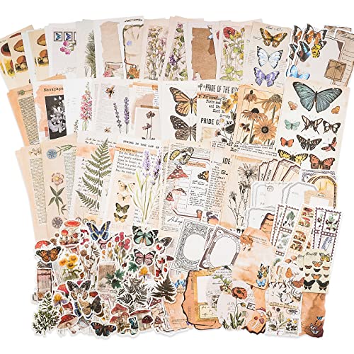Knaid Vintage Scrapbook Supplies Pack (200 Pieces) for Junk Journal Bullet Journals Planners Botanical Paper Stickers Craft Kits Aesthetic Cottagecore Collage Album (Nature) - Nature