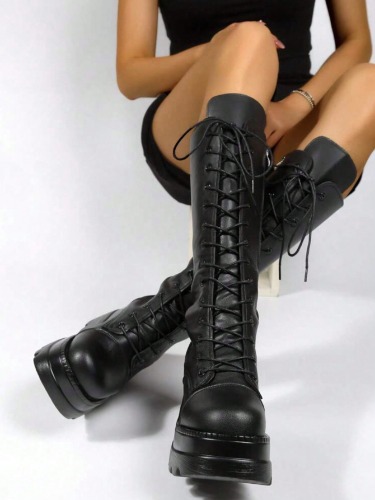 ROMWE Grunge Punk Women Lace-Up Front Round Toe Wedge Boots, Cool Outdoor Fashion Boots For Christmas And New Year Holiday Valentines Spring Shoes