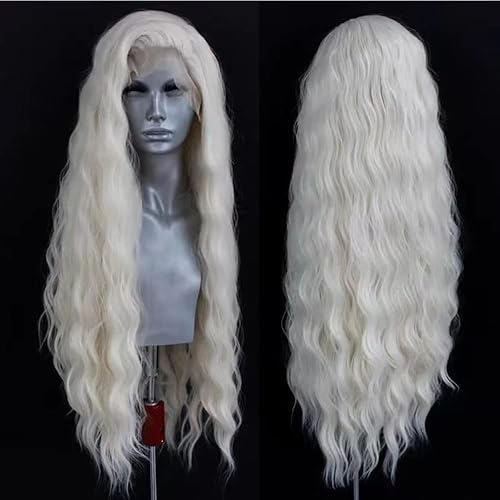 ELESTY Long Wavy White Blonde Hair Synthetic Lace Front Wig For Women Natural Loose Curly #60 Platinum Icy Blonde Lace Wigs Free Part Water Wave Glueless Lace Front Wigs High Temperature Hair Cosplay - CR6000