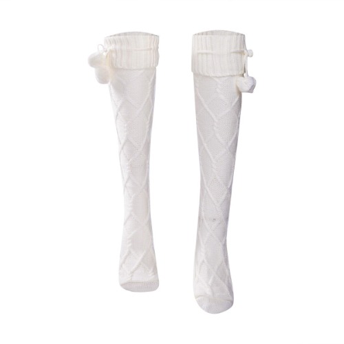 Winter Cable Knitted Cotton Thigh High Cozy Stocking with Pom Pom