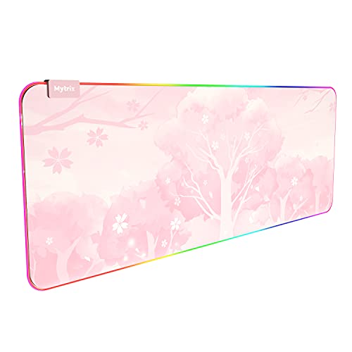 Mytrix RGB Tapis de Souris Rose XXL 800x300mm, 14 Modes d'éclairage, Tapis de Clavier Étanche, Base en Caoutchouc Antidérapant, Grand Tapis de Bureau Étendu, Sakura en Fleur de Cerisier Mignon