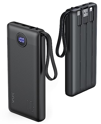 VRURC 10000mAh Power Bank With Built in Cables,USB C Battery Pack Portable Charger with 5 Outputs 2 Inputs Powerbank LED Display compatible with iPhone 14 13 12 Samsung S21 S20 Xiaomi - Black