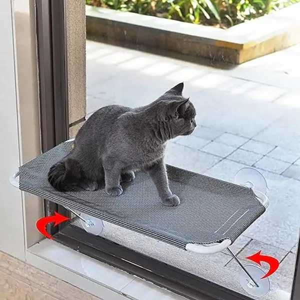 LSAIFATER Cat Window Perch for Your Beloved Cats with 360° Sunbath and Comfortable Cat Hammock Window Seat for Any Cats, Cat Window Bed (L, Grey) - Large Grey