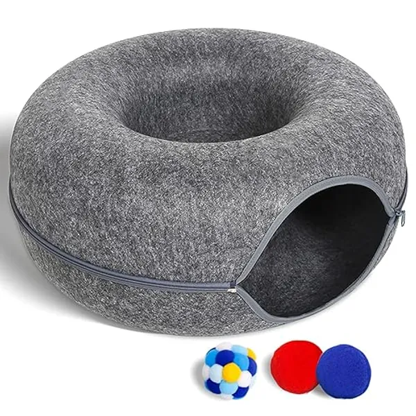 Large Cat Tunnel Bed for Indoor Cats with 3 Toys, Scratch Resistant Donut Cat Bed, Up to 30 Lbs (L 24x24x11, Dark Grey) - L(24x24x11) - Dark Grey