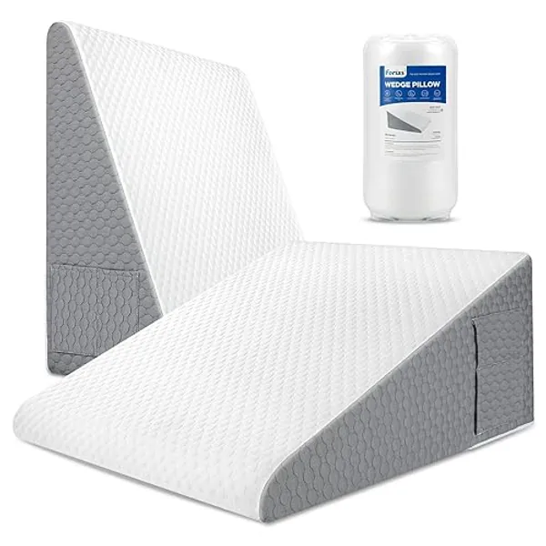 Forias Wedge Pillow for Acid Reflux Relief 12" Bed Wedge Pillow for Headboard Triangle Pillow Wedge for Sleeping Post Surgery Legs Back Pain Gerd Snoring, Soft Memory Foam Top & Washable Cover - Gray and White - 24 * 24 * 12in