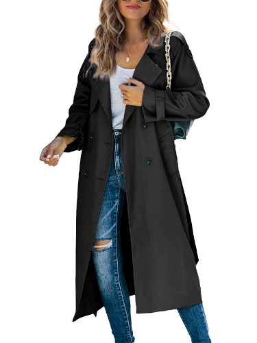 Makkrom Women's Double Breasted Long Trench Coat Windproof Classic Lapel Slim Overcoat with Belt - Large 01 Black
