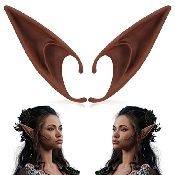 FRESHME Long Brown Fairy Elf Ears - Cosplay Fairy Ears, Pixie Pointy Ears Vampire Elven Ear Brown Skin for Women Girls Christmas Renaissance Costume Makeup Dress Up Accessories for Masquerade Party