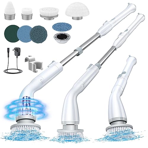 LABIGO Electric Spin Scrubber LA1 Pro, Cordless Spin Scrubber with 7 Replaceable Brush Heads and Adjustable Extension Handle, Power Cleaning Brush for Bathroom Floor Tile (White) - Crisp-white