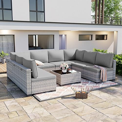 Sweecci 9-Piece Patio Furniture Set, Outdoor with Thick Cushions, Modular Patio Sofa, Dual-Strand Wicker Rattan, Rust-Resistant Frame, Backyard Furniture for Garden, Deck, Grey - S-9-sofa - Grey