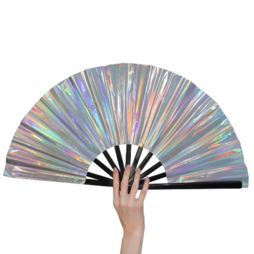 HeyToo Large Shining Rave Folding Hand Fan Clack Handheld Fan for Party Night Club Festival Halloween Outfit Accessories 13inch Silver - Silver