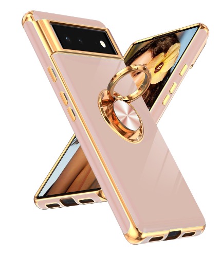 LeYi for Google Pixel 6 Case: 360° Rotatable Ring Holder Magnetic Kickstand, Plating Rose Gold Edge Protective Google Pixel 6 Case, Pink - Pink