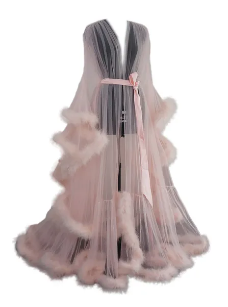 Old Hollywood Feather Robe Sexy Boudoir Robe Feather Bridal Robe Tulle Illusion Long Wedding Scarf New Custom Made - Blush Pink Small