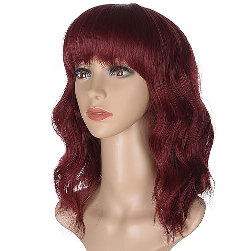 Morvally Short Wine Red Wavy Bob Wig with Bangs for Women 16 Inches Natural Synthetic Hair Wavy Wigs - Wine Red