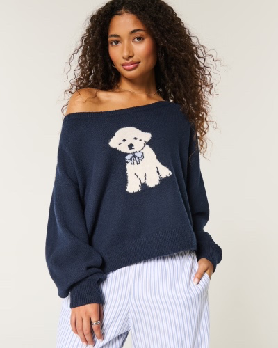 Hollister Comfy Cloud Easy Off-the-Shoulder Deer Graphic Sweater