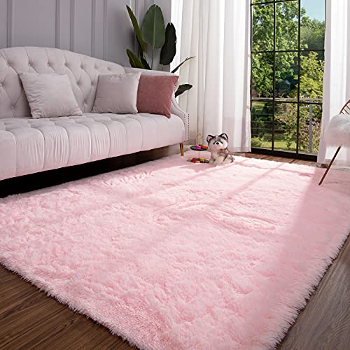 Keeko Area Rugs for Living Room Bedroom, 6x9 Pink Fluffy Washable Large Area Rug Soft Shag Fuzzy Shaggy Carpet High Pile Modern Area Farmhouse Rug Non Shedding Indoor Rugs for Kids Girls Room Decor - 6'x9' - Pink