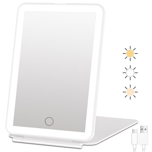 FUNTOUCH Rechargeable Travel Makeup Mirror with 72 Led Lights, Portable Lighted Beauty Mirror, 3 Color Lighting, Dimmable Touch Screen, Tabletop LED Folding Cosmetic Vanity Mirror - White