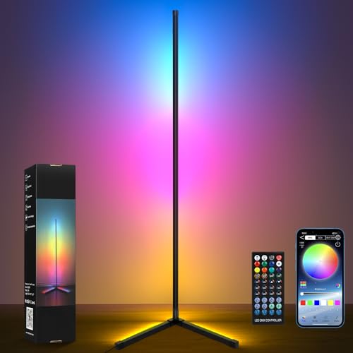 Hitish Corner Floor Lamp, Smart RGB Led Corner Light with APP & Remote Control, Music Sync &Timer Setting, Modern Color Changing Mood Lighting for Living Room, Bedrooms, Gaming Room - Black 1 - 62.2” 1 Pack