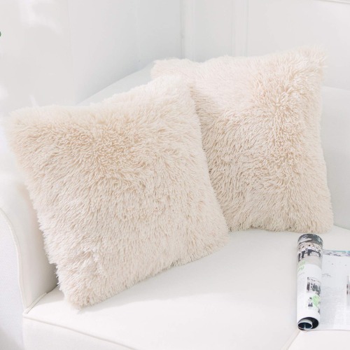 NordECO HOME Luxury Soft Faux Fur Fleece Cushion Cover Pillowcase Decorative Throw Pillows Covers, No Pillow Insert, 16" x 16" Inch, Beige, 2 Pack - 16" x 16" - D-beige