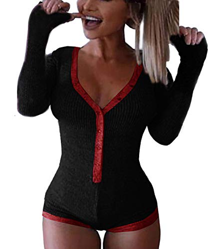 Roselux Women's Sexy Deep V Neck Shorts Long Sleeve Knitted One Piece Bodysuit Sexy Pajama Onesie Bodycon Rompers Overall - X-Large - B-long Sleeve-black&wine