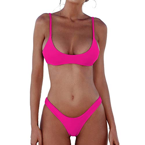 Womens 2 Piece Brazilian Thong Bikini Sets High Cut Swimsuits Padded Scoop Neck Push Up Top Bathing Suits Cheeky Swimwear - X-Large - Bikini Set Fluorescent Rose Red