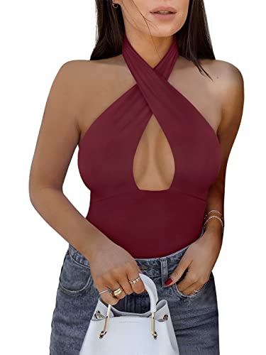 REORIA Women's Sexy Criss Cross Halter Neck Sleeveless Thong Bodysuits Tops Clubwear - X-Large - Burgundy