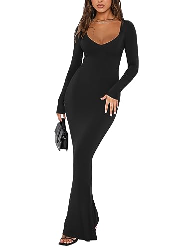 REORIA Women's Sexy V Neck Long Sleeve Maxi Dress Casual Lounge Ribbed Bodycon Long Dresses - X-Large - Black