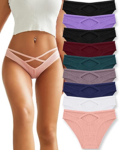 FINETOO Women Cotton Underwear Sexy Cross-Waist Panties Low Rise Rib Hipster Fashion V-Waist Cheeky Bikini for Ladies 9 Pack - Rib Solid 9 Pack - X-Large