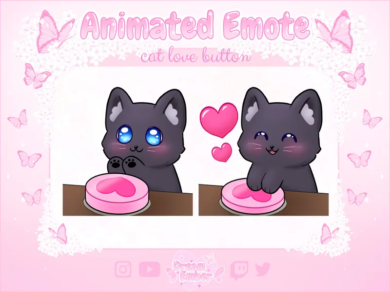 Cute Black Cat Animated Emote Twitch Love Button Discord Stickers animal emotes stream asset kawaii chibi kitten emoji grey kitty pink heart