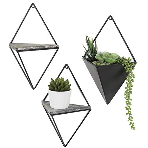 MyGift Diamond-Shaped Wall-Mounted Metal 2 Accent Wall Shelves & Sconce Planter, 3-Piece Set