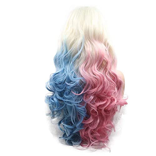 Sylvia Ombre Platinum Blonde to Blue Pink Lace Front Wig Rainbow Colorful Synthetic Wigs 24 Inch Body Wave Half Hand Tied Wig Middle Part 180% Density Heat Resistant Hair Replacement for Woman - Platinum Blonde to Blue Pink