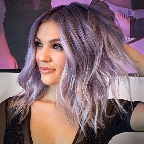 Lace Bob Curly Wave Wig for Wome Purple Small Lace Wigs Middle Part Short Bob Wavy Curly Wig Synthetic Heat Resistant 16inch