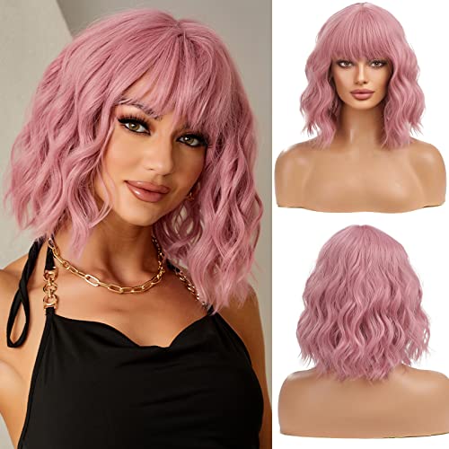 Esmee"Women Synthetic Wig Short Wave Pink Purple Fluffy Air Bangs Shallow Cosplay Party Wig　12Inches - Pink purple-A