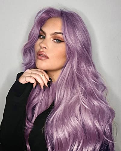 Zenith Lilac Purple Hair Wigs for Women Fashion Purple Hair Best Synthetic Hair Wavy Front Lace Wigs Purple Long Hair Wigs with Bangs 22 inches Cosplay Halloween Wig for Cosplay