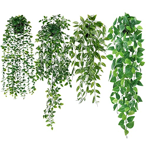 Dremisland 3Pcs Artificial Hanging Plants-Artificial Hanging Plants Potted Greenery Decor-Eucalyptus Mandala Snow Pea Vine in Pot Plants for Office Farmhouse Home Indoor Outdoor Decor - 4Pack-E