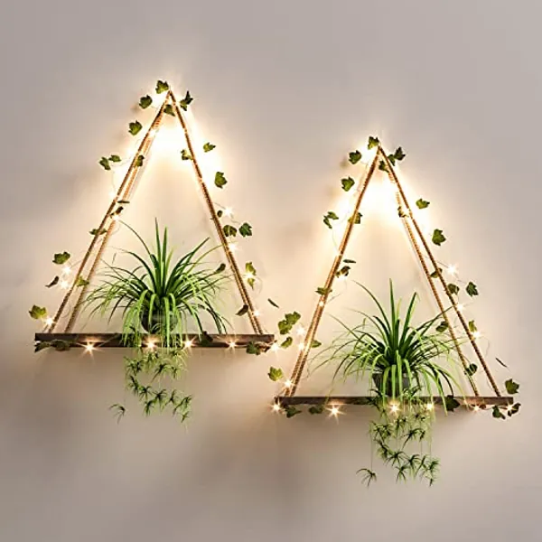 PETIARKIT House Artificial Ivy LED-Strip Wall Hanging Shelves Set of 2, Macrame Shelf for Bedroom Bathroom Living Room Kitchen, Wood Hanging Plant Shelves for Wall Décor