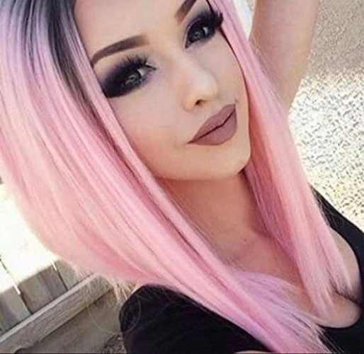 Ombre Pink Wigs Straight Short Length Cosplay Costume Wigs for Women Middle Part Wigs Dark Roots Heat Resistant Synthetic Wigs