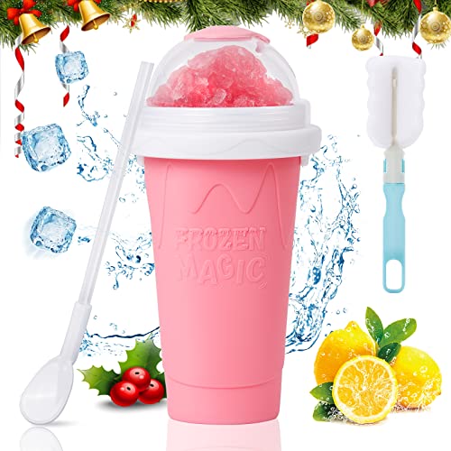 susimond 7.1OZ Premium Slushy Maker Cup, Durable Slushie Maker Cup for Christmas with Cup Brush Straw and Spoon, Portable Quick Frozen Smoothies Squeeze CoolingCup for Milk Drinks and Juices - Pink