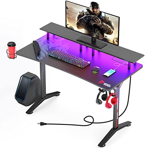 SEVEN WARRIOR Gaming Desk 60INCH with LED Strip & Power Outlets,Carbon Fiber Surface Computer Gamer Desk with Full Desk Mouse Pad, Ergonomic Y Shaped Gamer Table with Outlet Organizer - 60 INCH