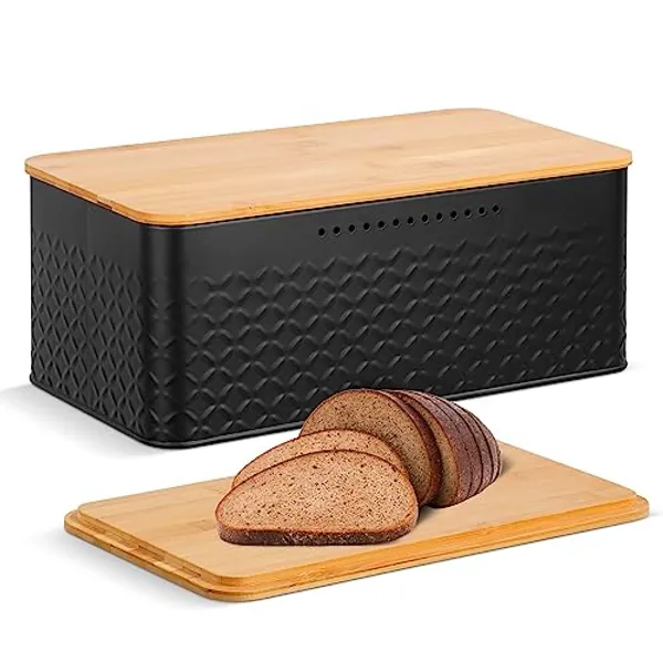 Pitmoly Bread Box, Metal Bread Container with Bamboo Lid, Bread Storage Container for Kitchen Countertop, Large Modern Bread Bin 13" x 7" x 5.3" (Black)